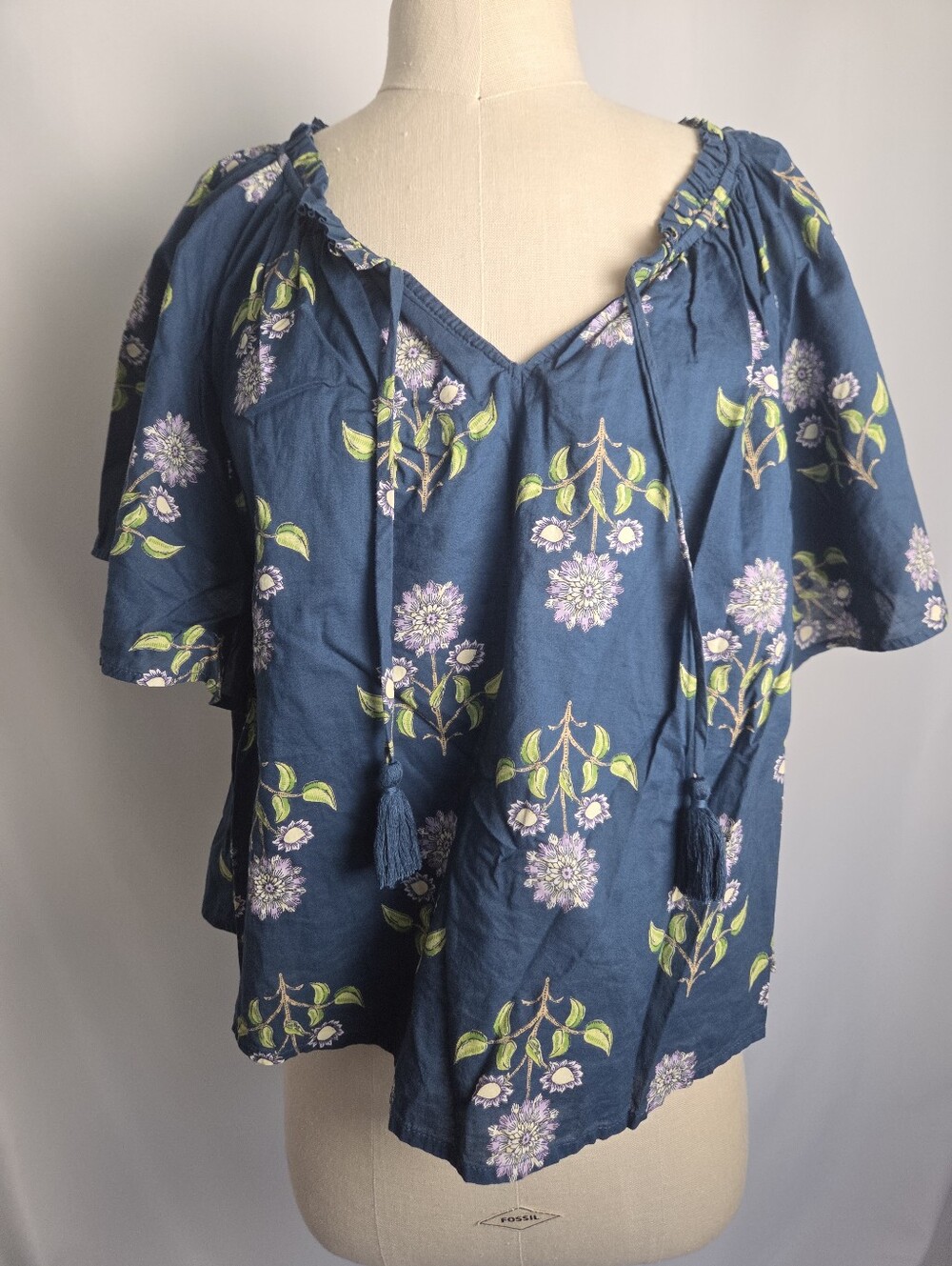 Old Navy Teal Blue Floral Flutter Sleeve Tassel Peasant Top